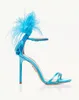 2024 women Ladies Genuine real leather satin 10CM heels sandals summer feather one-line peep-toe wedding Gladiator shoes buckle Fashion solid Narrow Band size 34-42