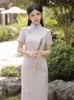 Etnische kleding Chinees vintage gedrukte satijn cheongsam retro elegante slanke lange lange jurk korte mouw qipao traditioneel