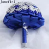 Wedding Flowers JaneVini Blingbling Silver Crystals Bridal Bouquet Royal Blue Rose Luxurious Beaded Diamond Bride Brooch Jewelry