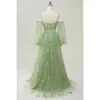 Party Dresses Fairy Forest Green Prom Dress Long Puffy ärmar Sweetheart golvlängd en linje blommor tyll söt kväll vestidos