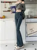 Kvinnors jeans cotvotee blå för kvinnor 2024 mode vintage burr hög midja streetwear stretch smal flare full längd