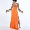 Orange Spaghetti Straps Formella aftonklänningar Sexig lår split Ruched Satin Elegant Women Special Tillfälle Partyklänningar Long Mermaid Vestidos Prom Dress CL348