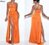 Orange Spaghetti Straps Formella aftonklänningar Sexig lår split Ruched Satin Elegant Women Special Tillfälle Partyklänningar Long Mermaid Vestidos Prom Dress CL348