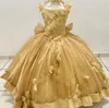Les filles de fleurs en or de luxe s'habillent sur les applications d'épaule perles 3dflower robes de bal de vestige de robe enfant mignon para ninas