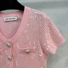 Trendy 2024 Vestido de diseñador de primavera/verano Sequin rosa pequeño fragante fragante vestido de punto de manga corta falda corta