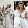 Plus size Boheemse trouwjurken met sexy Deep V Neck Lace Floral Beach Bruid gewaden met lange mouwen