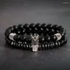 Strand 2024 CZ Crystal Crown Skeleton Beads Armband Black Hematite Frosted Stone Bnagles Armband Luxury Men smycken Set