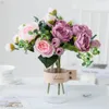 Decorative Flowers Beautiful Hydrangea Tea Roses Artificial For Home Wedding Decoration Pink Silk Peony Bride Bouquet Fake Flower DIY Craft