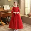 Vestido infantil de tule da primavera de Keaiyouhuo com mangas compridas bordadas de princesa garotas tornozelo vestido longo para o casamento de festa 12y 240407