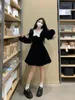 Casual Dresses Women Autumn Winter Velvet Mini Dress Bow Tie Long Sleeve Female Elegant Large Size S-4XL Black Party Vestidos