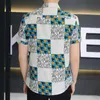 Men's Casual Shirts Fashion Lapel Printed Letter Houndstooth Mens Clothing 2024 Summer New Loose Short Sleeve Tops Korean 24416