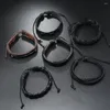 Charmarmband svartbrun trendig punk stil armband för män diy blad set kombination 6-stycken handvävd multilager läder pu