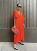 Party Dresses Women's Dress 2024 Orange Loose V-ringen Oregelbunden acetat slät tyg Lång sommar