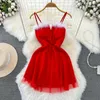 Casual Dresses Autumn And Winter Fur Spliced Bra Dress Girl's Slim Waist Open Back Small A-line Mesh Women Night Club Red Short