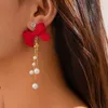 Stud Earrings Red Bow Pearl Zirconia Tassels For Women Fashion Jewelry Light Luxury Minimalist Accessories