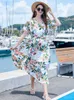Casual Dresses Women Plus Size Lose Dress Female Seaside Vacation Style Slit Super Fair Print V-Neck