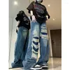 Kadınlar Kot Sıkınmış Yama Yırtılmış High Street Retro Tasarım Gevşek Düz Geniş Bacak Pas Pantolonu