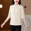 여자 T 셔츠 2024 패션 여름 자연 뽕나무 실크 스탠드 업 칼라 짧은 슬리브 셔츠 인쇄 레트로 버튼 짧은 소매