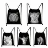black White Wild Animals Print Drawstring Bag Men Storage Bags Boys Tiger Li Wolf Backpack Teenager Travel Bag Bookbag 34Uq#