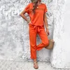 Zweiteilige Hosen für Frauen, ja Casual Temperament rein Farbe Baumwolle und Leinen Damen Kurzarmhose Anzug des Sommer-Mode-T-Shirt 2024