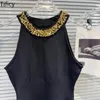 Women's Tanks Online Celebrity With The Same 2024 Summer Small Fragrance Ladies Gold Sequins Beaded Neck Knitted Camisole Tops