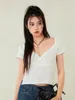 여자 T 셔츠 여름 슬림 크롭 탑 흰색 짧은 슬리브 v 넥 사이드 스플릿 티셔츠