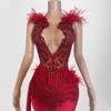 Luxury Red Diamond Short Prom Dress with Side Train Black Girks Sexy Sheer Neck Feather Birthday Party Gowns Mini Cocktail 240416