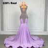 Sparkly Lilac Purple Rhinestones Long Prom Dress for Black Girl Sexy Mermaid Style Formal Party Gowns with Train 240416