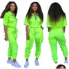 Kvinnors tvådelade byxor Neon Solid Sportwear Women Outfits Short Sleeve Zip Jacket Top ADD Mesh Streetwear Tracksuit Matching Sets 21 DH7TJ