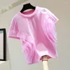 T-shirts pour femmes 2024 Summer Korean Style Round Cou à manches courtes Couleurs solides T-shirt Fashion Patchwork Stripes Ruffled Tops