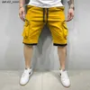 Shorts masculins pour hommes shorts de fret d'été Cotton Coton Shorts de fitness Brestable Jogger Training Gyms Bodybuilding Multi Pocket Yellow Shorts Q240416