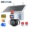 Système Shiwojia Solar Camera 4G / WiFi 5MP Sécurité extérieur 6W Caméra IP Batterie intégrée Ai Alarme de lumière RedBlue Human détecté