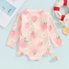 6M4T Baby Girl Swimsuit Summer Fruit Print Pleated Long Sleeved Monokini Toddler Beach Cute Beachwear 240416