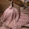 Rosa rosa lucido fuori spalla da palla abito Quinceanera Abiti 2024 Sweet 16 Princess Gold Appliqued Lace Party Gowns Vestido de 15 Anos