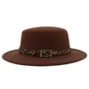 Bérets laine classique de la ceinture solide décoration femme Fedora Chapeaux Gentleman Jazz Men Retro Lady Flat large Big Brim Robe Round Top Hat