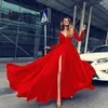 Sukienki koktajlowe dla kobiet eleganckie eleganckie solidne kolor długie rękaw V Szyja Maxi czerwona sukienka Vintage Formal ALINE PROM 240416