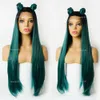 Long Dark Roots Green Mixed Color Ombre Two Tone Lace Front Synthetic Wigs Straight Heat Resistant Pre Plucked Wig With Baby Hair