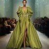 Fashion Deep V Neck Avond Jurken A Line High Split Celebrity Jurk 2024 Puffy Sleeve met Pocket Womens Special Accound -jurk