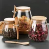 Förvaringsflaskor mellanmål sockerglaspanna kök matklass förseglad burk kaffepulver krydda trä honung med sked