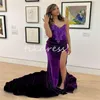 Sexy paarse prom -jurken met hoge spleet elegante zeemeermin appliques kanten dans jurk formele gelegenheid avondfeestjurken fluweel sweep trein receptie jurk 2024