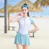 Girl One Place Swimsuit Sukieit krótki rękaw niebieski solidny patchwork 916 lat nastolatek studencka dzieci dzieci kąpielowe 240416