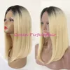 New Fashion Lace Front Wigs Two Tone #1Bt#613 Ombre Black Blonde 12Inch Straight Short Bob Style Synthetic Heat Resistant Blond Hair Wigs