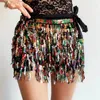 Stage Wear Boho Belly Dance Hip Skirt Tassel Fringe Scarf Sequin Wrap Rave Costume Accessory Colorful Shine Multilayer For Women Girls