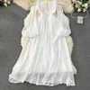 Casual klänningar Foamlina Beach Vacation Dress for Women Fashion Spring French Bubble Sleeves Hollowed Out Backless White