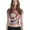 Women's T Shirts Ins Style American Sweetheart Pure Desire Wind Sunset Mesh Floral Print Perspective Ruffled High midje Crop Top beskuren