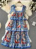 Runway Designer Cake Dress Womens Sexig Bow Tie Slip Backless Cascading Ruffled Boho Flower Print Party Dresses Robe M56206 240328