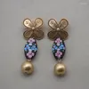 Stud Earrings Middle Aged Niche Jewelry Brass Plated With 24K Old Gold Craftsmanship Italian Flower Glazed Noble Antique