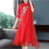 Etnik Giyim 2024 Ulusal Çiçek Nakış Cheongsam Çin Geliştirilmiş Şifon Qipao Elbise Geleneksel Vintage Ziyafet Akşam Vestido