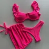 Solide golvende stof lage taille bikini set deksel zwempak voor vrouwen push up ruche drie stukken badmode strand badpakken 240416