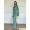 Dostyki damskie Plus w dużych rozmiarach Clacia Autumn Green Plisted Pants Set BodyCon Slit TROSUER SUITS Modna koronkowa Blazer z długim rękawem 2 P DH7Q2